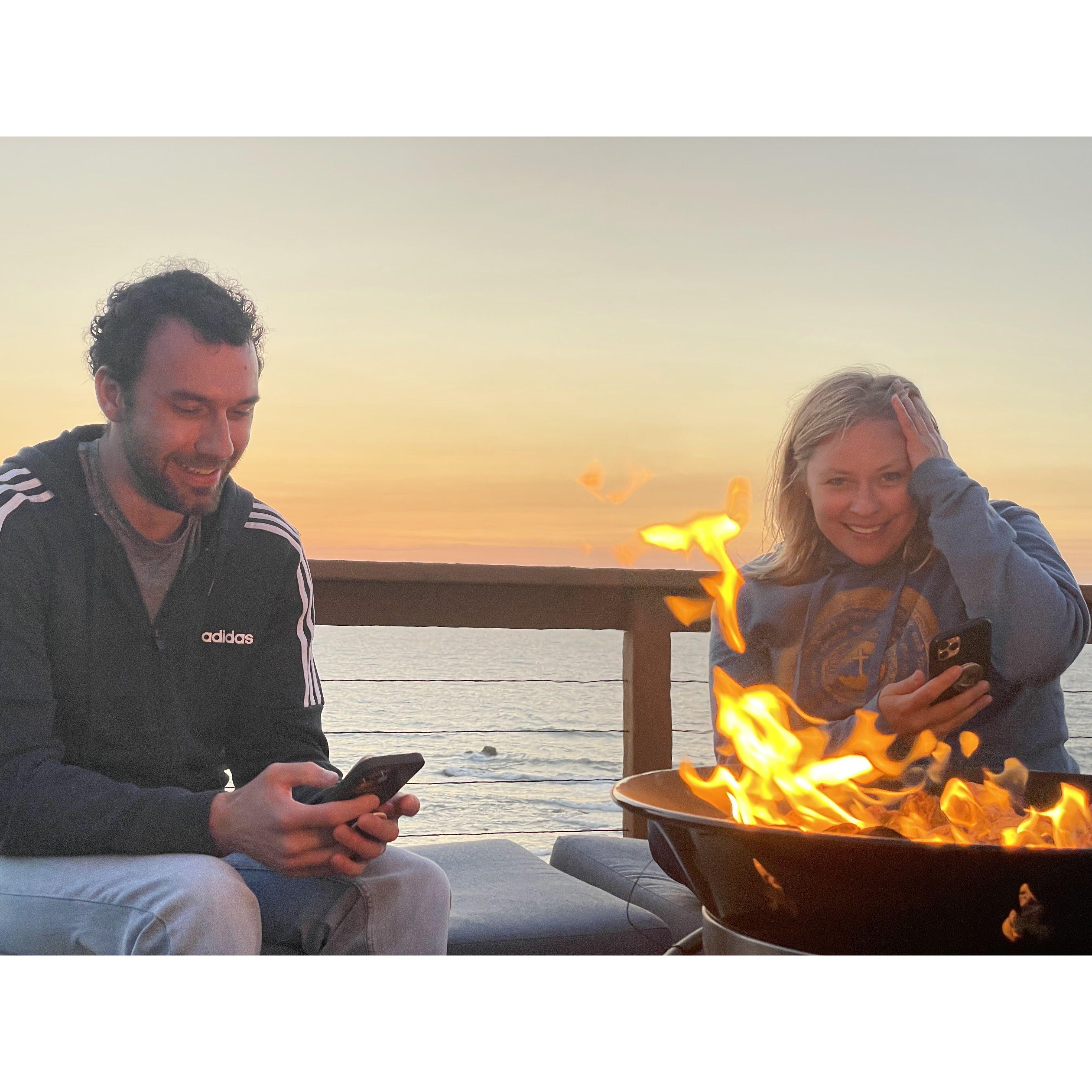 Enjoying the fire on the deck overlooking the Pacific coast in Lincoln City Oregon
