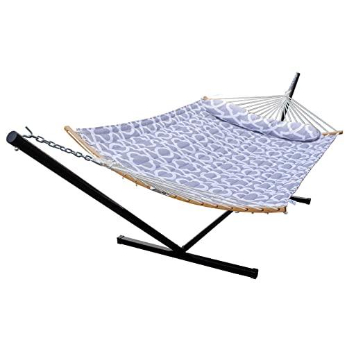 HENG FENG 2 Person Double Hammock with 12 Foot Portable Steel Stand and Curved Bamboo Spreader Bars, Detachable Pillow, Quilted Fabric Bed, Grey