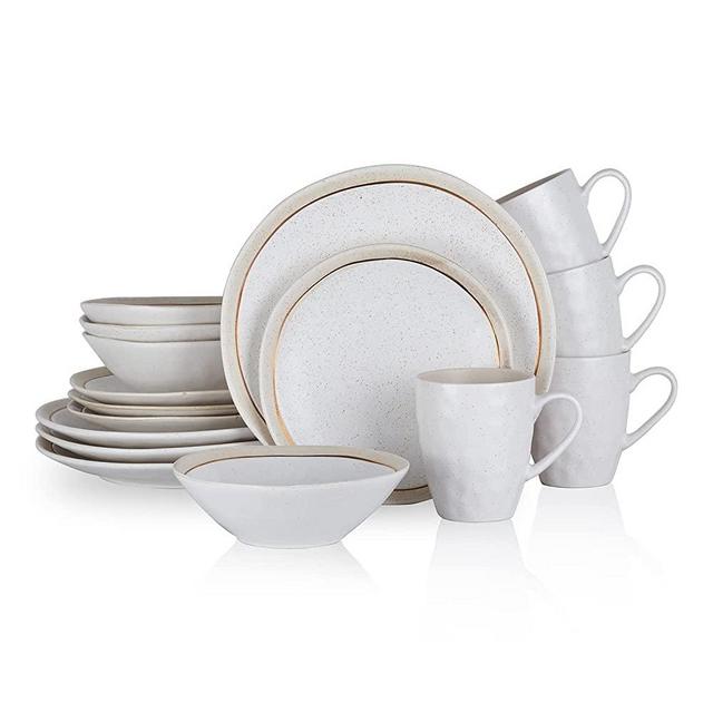 Stone Lain Clara Porcelain 16-Piece Round Dinnerware Set, White, White Speckle, Service For 4 (Porcelain Dinnerware Set)
