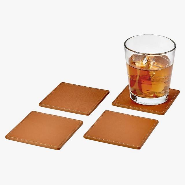 French Handcrafted Leather Square Coasters, Set of 4 - Cognac