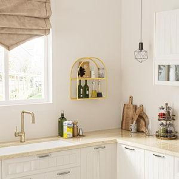 Crofy Gold Arched Frame Wall Shelf, Decorative 3 Tier Bathroom Wall Shelf with Transparent Tempered Glass Shelves and Robust Storage Capacity, 5.1" D x 18.1" W x 28.9" H