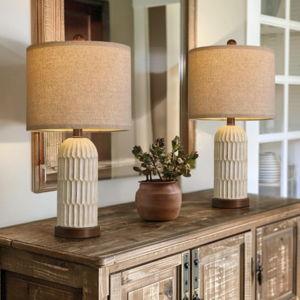 Room, Retro Farmhouse Lamps for Nightstands Boho Bedroom Lamps Set of 2,with USB A+C Charging Ports,Beige and Brown