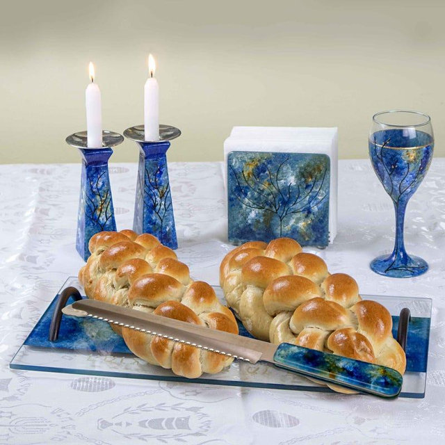 Handmade Shabbat Set: Impressionist Challah Board, Knife, Kiddush Cup