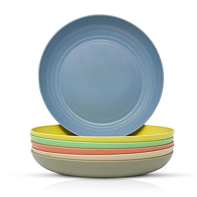Bamboo Fiber Plastic Plates Set Of 6 - Microwave Dishwasher Safe Light Weight 8.9 Inch Dinner Plate Sets - Unbreakable Microwavable Reusable Dinnerware - Outdoor Camping Dishes Healthy For Kid & Adult