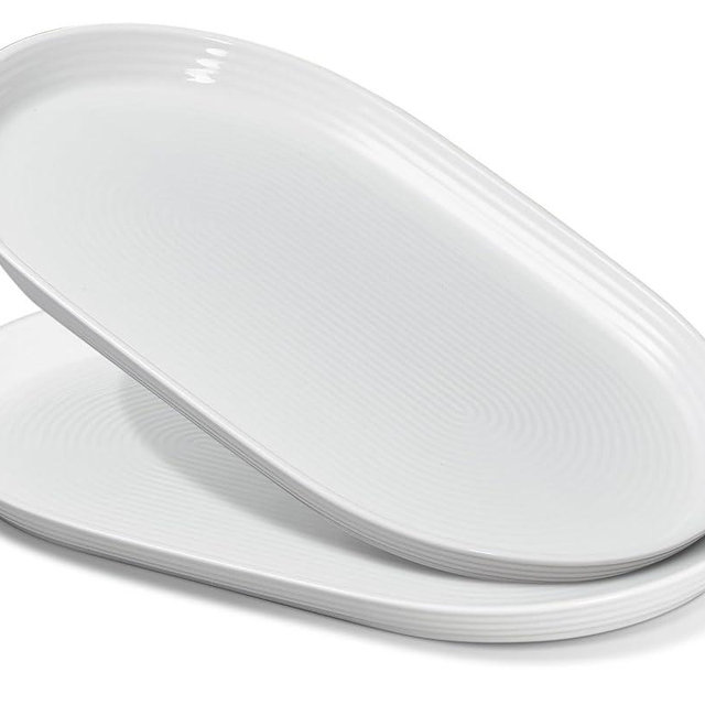 ONEMORE 16 Inch Ceramic Serving Plates for Entertaining, Set of 2 Large Oval Dinner Plates- Dishwasher Oven Safe Serving Tray for Food Meat Fish Parties- Porcelain Thanksgiving Turkey Platters - White