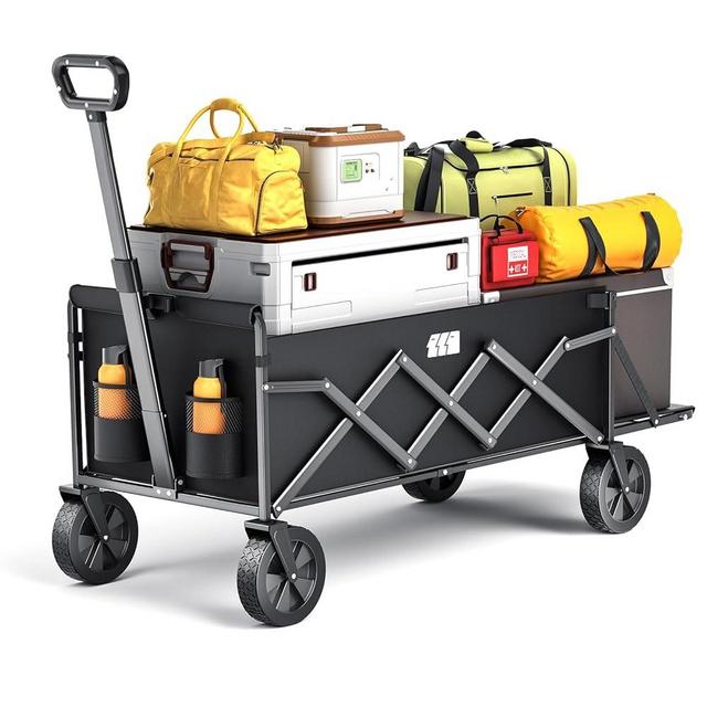 TANSTRIDER Collapsible Wagons Carts Foldable with Extended Tailgate, Folding Cart on Wheels, Portable Heavy Duty Shopping Carts for Groceries, Apartment, Garden, Camping, Fishing, Outdoor (Black)