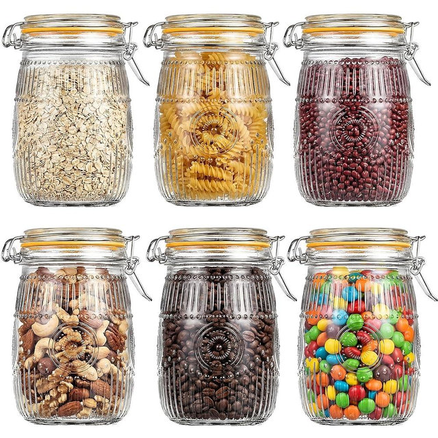 Icesip 6Pack Glass Jars with Airtight Lid, 32oz Wide Mouth Mason Jar with Clamp Lids, Food Storage Containers for Home, Kitchen, Camping, Picnic, Sunflower