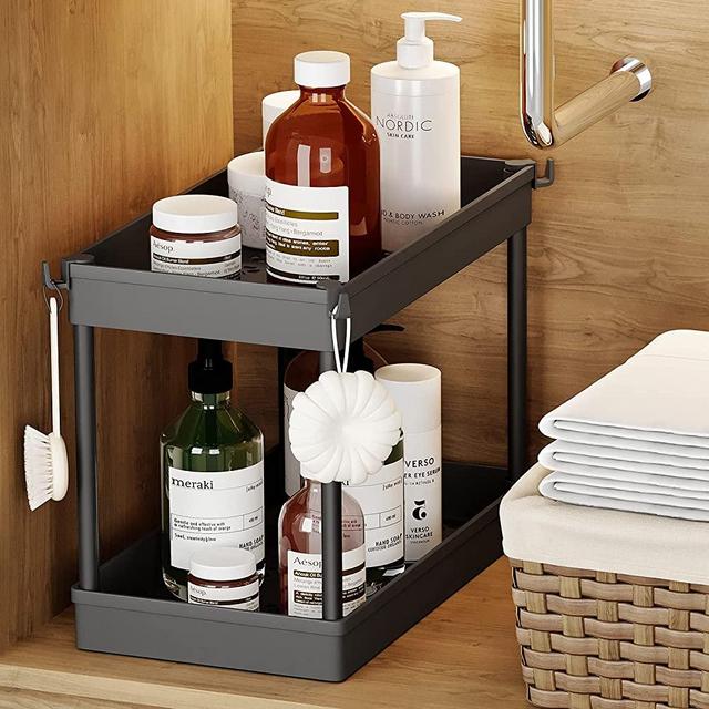 Under Sink Organizer and Storage, DUSASA 2-Tier Under Bathroom Sink Storage Organizer Bath Collection Basket with 4 Hooks,Under Sink Shelf Organizer Rack,Multi-purpose Under Sink Storage for Bathroom