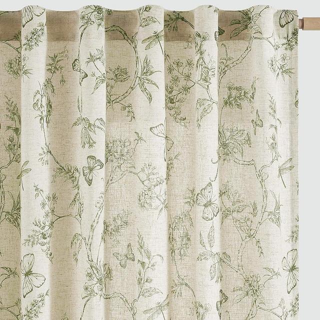 jinchan Floral Linen Curtains for Living Room 96 Inch Length Printed Curtain Sage Green Light Filtering French Country Farmhouse Curtain Patterned Drapes Bedroom Back Tab Rod Pocket 2 Panels