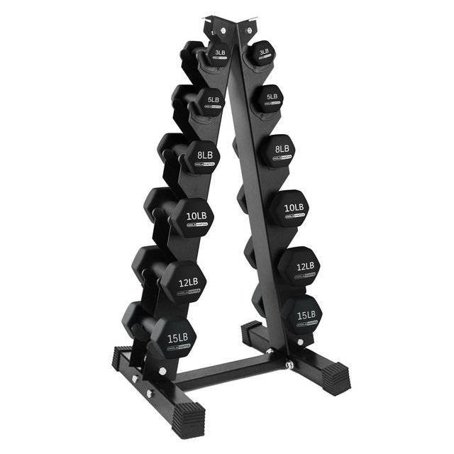 HolaHatha 3, 5, 8, 10, 12, and 15 Pound Neoprene Coated Grip Hexagon Dumbbell Weight Set and Storage Rack Stand for Various Strength Training Workouts