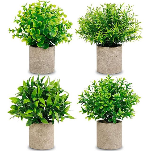 CEWOR 4 Packs Artificial Mini Potted Plants Fake Greenery Eucalyptus Rosemary Plastic Centerpiece for Home Office Desk Table Indoor Decor
