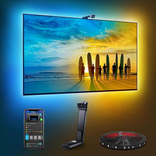 Govee TV Backlight 3 Lite with Fish-Eye Correction Function Sync to 75-85 Inch TVs, 16.4ft RGBICW Wi-Fi TV LED Backlight with Camera, 4 Colors in 1 Lamp Bead, Voice and APP Control, Adapter