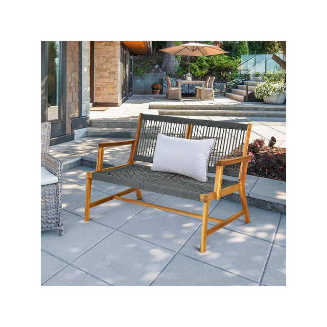 Costway 2-Person Patio Acacia Wood Bench Loveseat Chair Porch Garden Furniture Grey