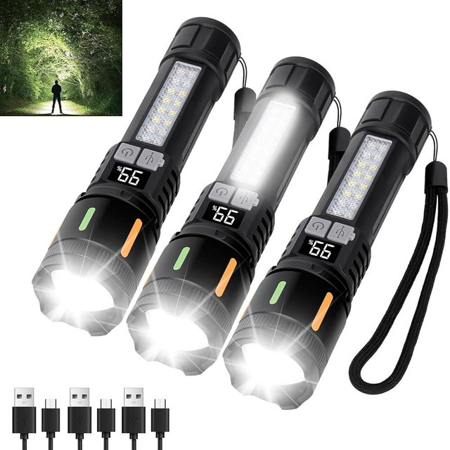 Ewenele Flashlights High Lumens Rechargeable 3 Packs, 900,000L Led Flashlight Battery Powered with 5 Light Modes, Side Light, USB C, Zoomable, Blue & Red Strobe, Handheld Flash Lights