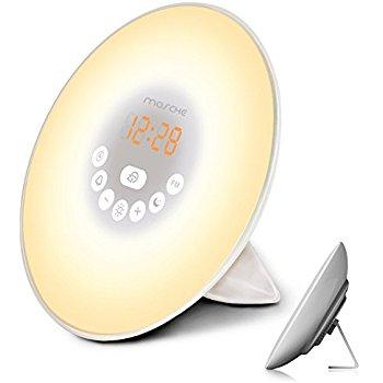 Mosche Sunrise Alarm Clock, Digital Clock, Wake Up Light with 6 Nature Sounds, FM Radio and Touch Control (White)