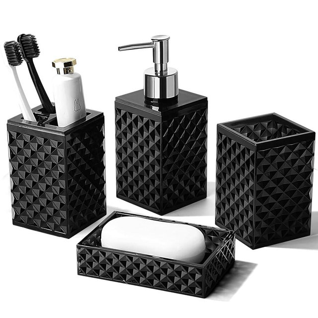 RYTOXILO Black Bathroom Accessories Set, 4 Pack Matte Black Bath Accessory Sets Complete, Acrylic Soap Dispenser and Toothbrush Holder Set for Bathroom Counter Sink, Modern Bathroom Decor