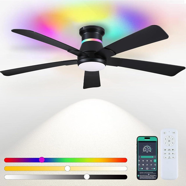 Surtime 52" Black Ceiling Fans with RGB Lights - Flush Mount Ceiling Fan Light with LED 3CCT Dimmable, Modern Low Profile Ceiling Fans for Indoor Party,Covered Outdoor