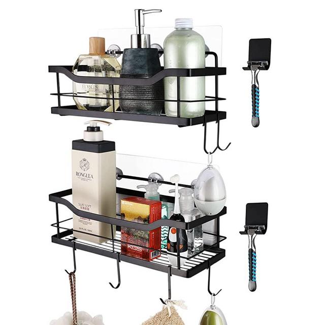 Carwiner Shower Caddy Bathroom Shelf 2-Pack, Basket with 8 Hooks for Hanging Shampoo Conditioner, SUS304 Stainless Steel Rack Wall Mounted Storage Organizer for Kitchen, No Drilling (Black)