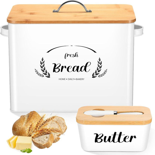 Qinyoung 2 Pcs Large Bread Box Set for Kitchen Countertop with Ceramic Butter Dish Holder Bamboo Lid Knife Metal Bread Holder Farmhouse Kitchen Storage Container for Home Housewarming Gift(White)