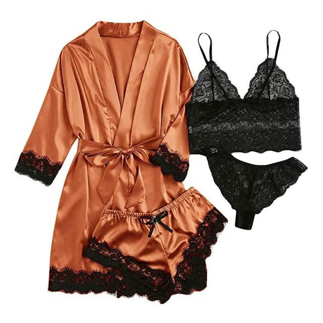WDIRARA Women's 4 Pieces Satin Floral Lace Cami Top Lingerie Pajama Set with Robe