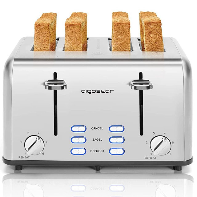 Toaster 4 Slice, Wide Slot Stainless Steel Toasters with Bagel, Reheat, Cancel, Defrost Function, 6 Shade Settings, Removable Crumb Tray, 1550W, Aigostar