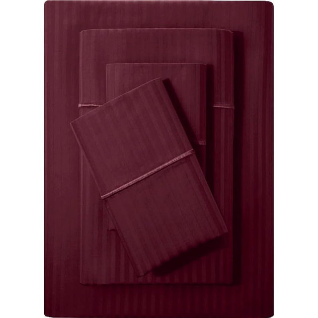 Feather & Stitch 500 TC Queen Size Damask Bed Sheet Set, 100% Cotton Soft Breathable Bedsheets, 4 Piece 18" Deep Pockets Sateen Weave Striped Bedding Mattress Resort Hotel Luxury- (Burgundy Stripe)