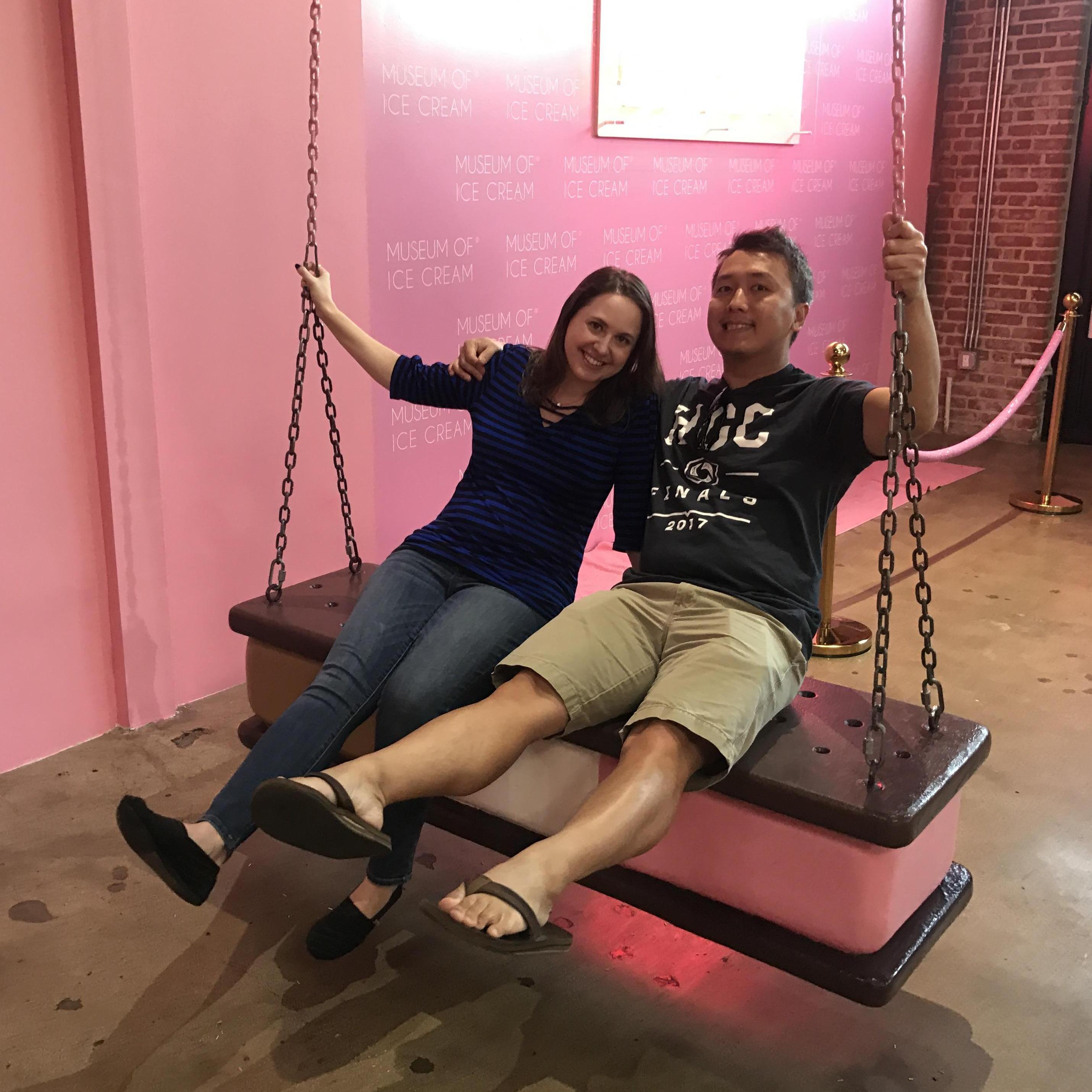Swinging on an ice cream sandwich at the Museum of Ice Cream!