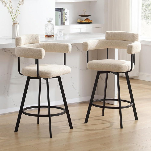 JIRAIN 26’’ Swivel Counter Height Bar Stools, Modern Counter Stools with Round Back, Linen Upholstered Barstools with Round Footrest for Kitchen Island, Home Pub, Set of 2, Beige