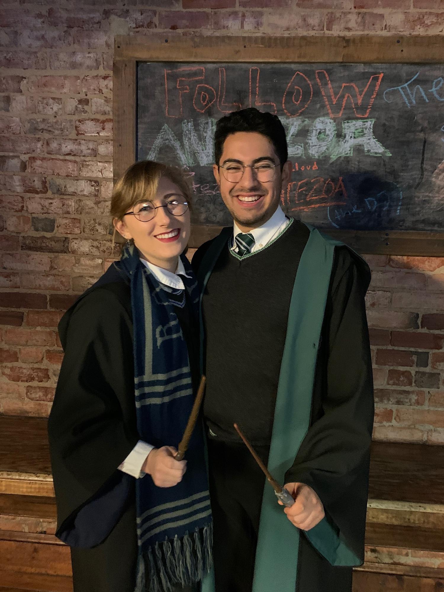 Esteban and Mallory dressed as Hogwarts students for Halloween