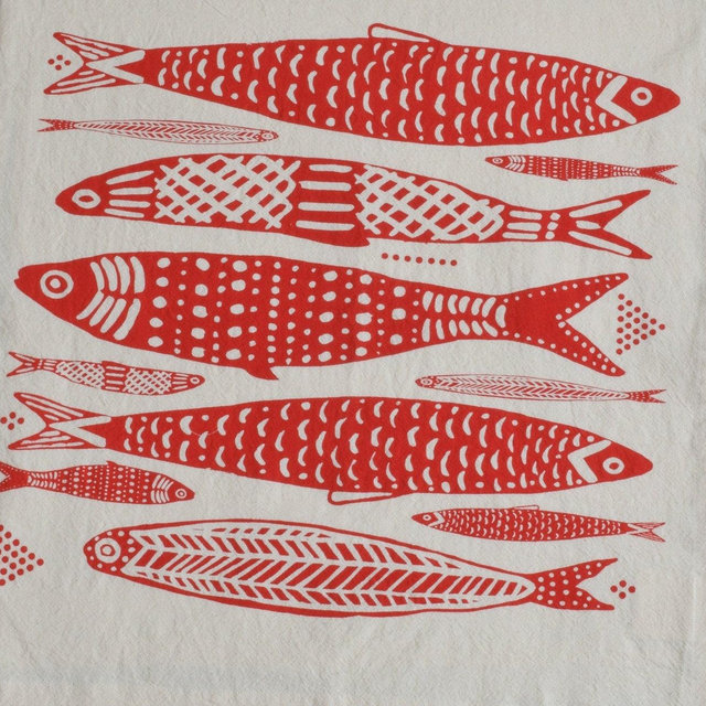 Tea Towel - Organic Cotton - Sardines Design - Screen Printed - Unpaper Towel - Eco Friendly Kitchen Towels - Flour Sack Towel - Red Print