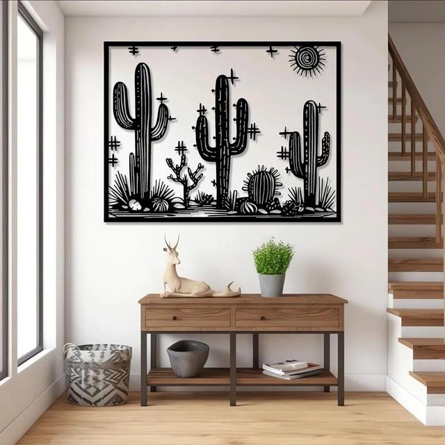 Southwest Desert Metal Wall Art, Cactus Metal Wall Art, Western Metal Cactus Wall Art, Plant Wall Decor, Natural Themed Home Decor, Metal Cactus Yard Art, Patio and Garden Decor (18"x24"|46x60cm, Black)