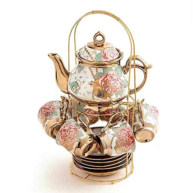 CHANJOON Gold Plated Red Rose Ceramic Tea Set, Vintage Tea Set with Teapot, Beautiful Tea Set Coffee Serving 6 People (Golden, large)
