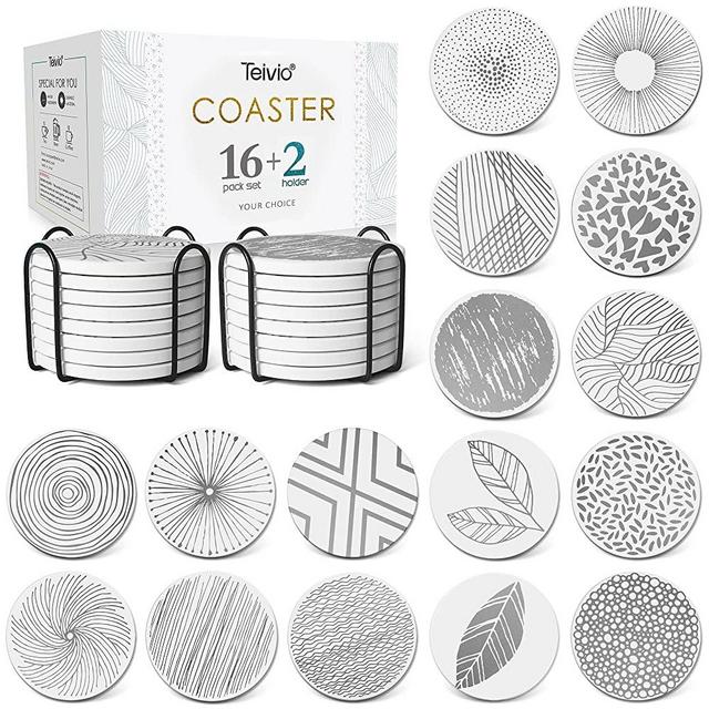 Absorbing Stone Coasters for Drinks Cork Base, with 2 Holder, for Housewarming, Apartment Kitchen Room Bar Decor, Suitable for Wooden Table, Set of 16 (Grey)