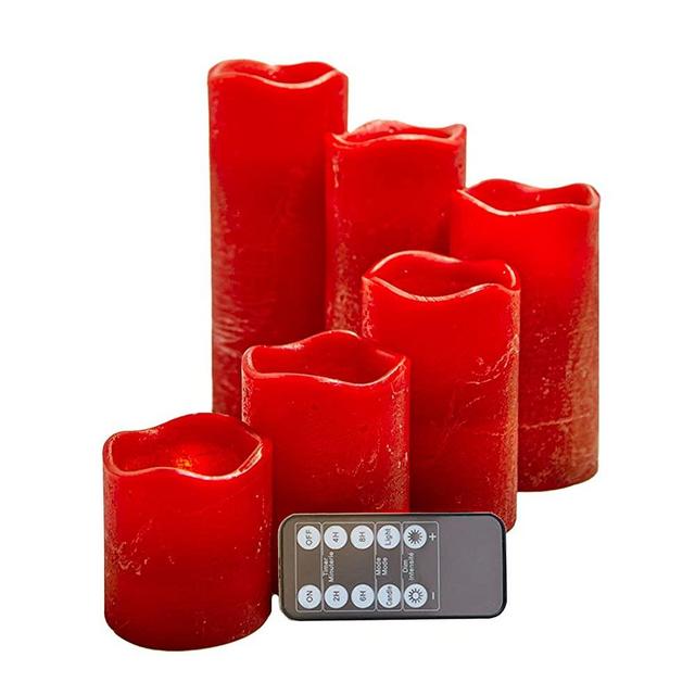 Realistic and Bright Flameless Candle Red Pillar Led Candle Flickering Moving Warm Light Textured Wax Finish 6 Pieces (3" x 3"4"5"6"7"8") Real Wax Battery Powered Remote Control