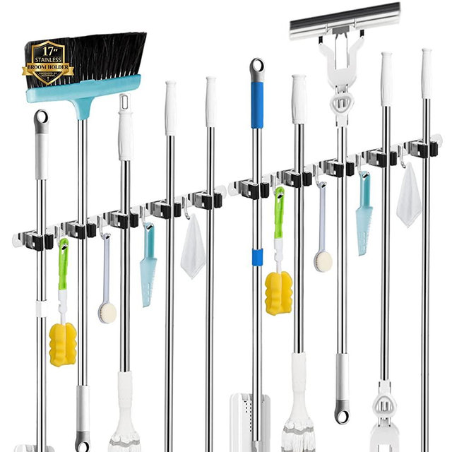 2 Pack Mop Broom Holder Wall Mount, 5 Racks and 4 Hooks Broom Organizer Storage Tool Racks Stainless Steel Heavy Duty Hooks Self Adhesive Solid Non-slip for Home Kitchen Garden Laundry Garage