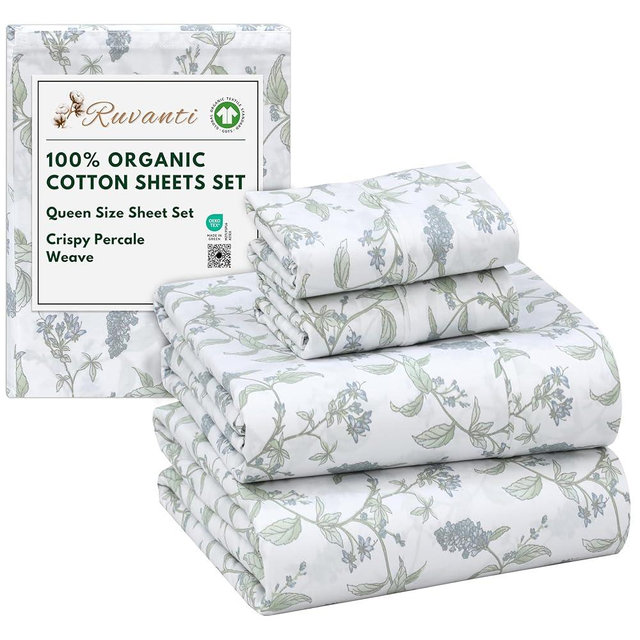 RUVANTI 100% Organic Cotton Sheets Queen Size, Percale Weave, GOTS Certified, 4-Piece Set, Deep Pocket 15", Crisp & Breathable, Soft Durable Bedding, Sábanas Algodón Orgánico – Vine Yard