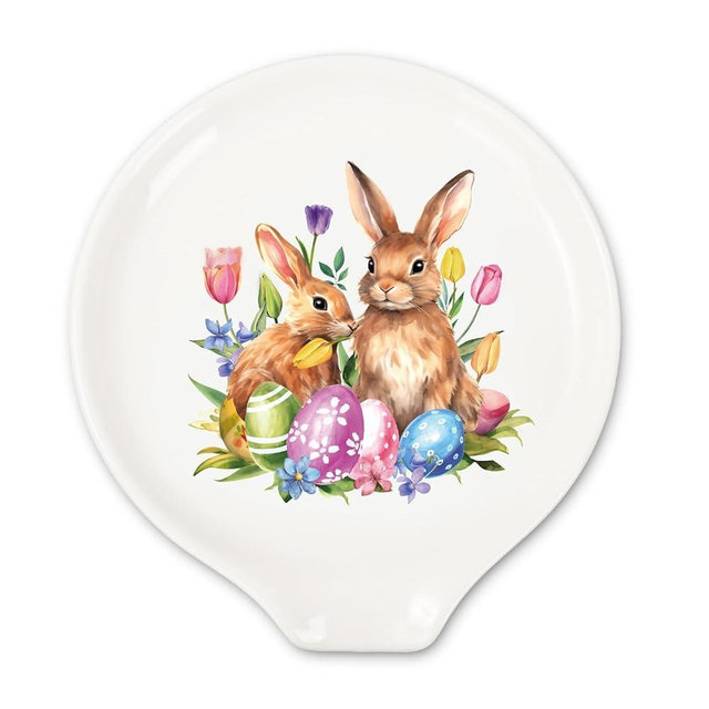 JarThenaAMCS 4.7inch Bunny Rabbit Spoon Rest Watercolor Egg Tulip Flowers Green Small Coffee Spoon Holder for Easter Spring Coffee Stirrers Teaspoon Bar Coffee Station Accessories