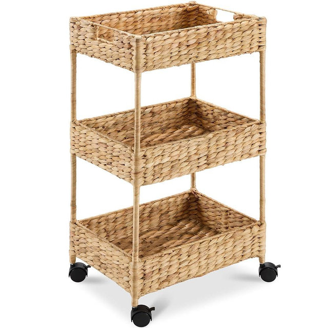 Best Choice Products 3-Tier Water Hyacinth Rolling Nursery Caddy w/Wheels, Utility Cart, Storage Organization for Bathroom, Craft Room, Laundry Room– Natural