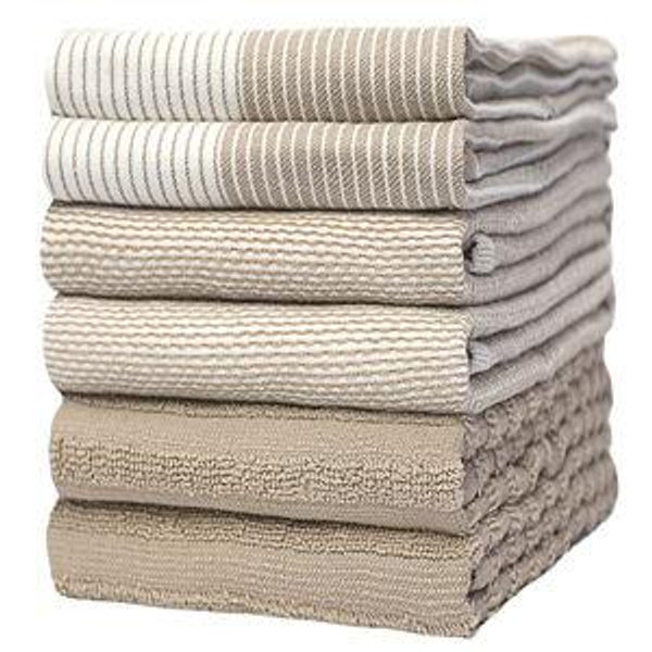 Premium Kitchen Towels (20”x 28”, 6 Pack) | Large Cotton Dish Towels | Flat & Terry Highly Absorbent Kitchen Linen Set with Hanging Loop | Tan