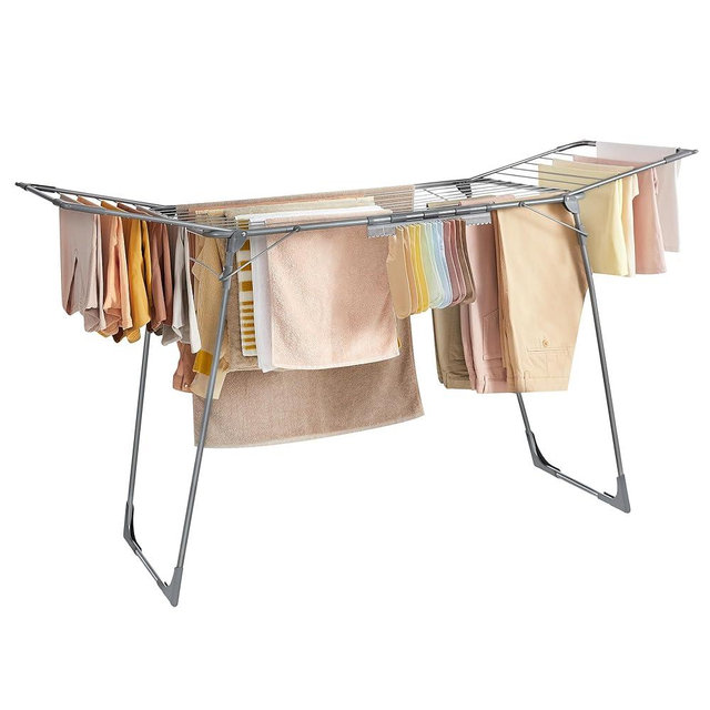SONGMICS Clothes Drying Rack Foldable, Gullwing Laundry Drying Rack, Space-Saving, 22.2 x 68.1 x 38 Inches, Sock Clips, Metal Structure, for Clothes, Towels, Linens, Indoor, Outdoor Gray ULLR518G01