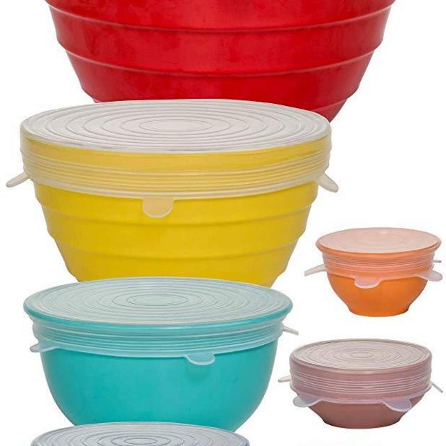 Reusable Silicone Stretch Lids - Incl. Exclusive XL size - Set Of 7 Versatile Silicon Covers - Fits Any Container Or Bowl To Keep Food Fresh - For Storing & Reheating- Easy To Clean- Bonus Storage Bag