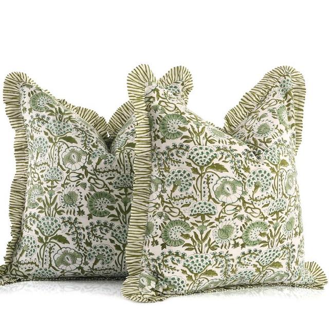 CPC Agate Green Ruffle Throw Pillow Covers for Couch, 18x18 Inch Cotton Stripe Ruffle Couch Pillows for Living Room, Hidden 14 Inch Zipper Boho Pillow Case or Cute Outdoor Pillows
