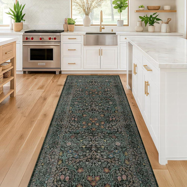 Dark Green 2 x 8 Runners for Hallways, 8ft Long Floor Runner for Kitchen, Entryway Indoor, Washable Non Skid Rubber Backing Stain Resistant - Vintage Floral Décor