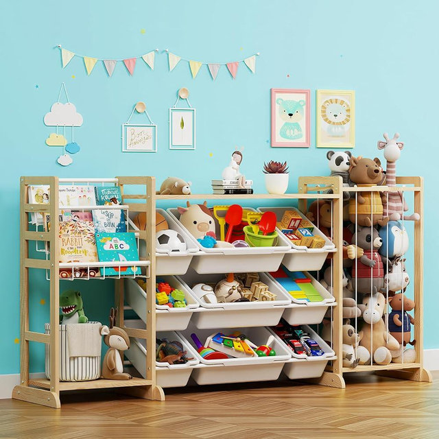 Nelodot 65" Extra Large Toy Storage Organizer with Bookshelf and Stuffed Animal Storage, 65.35" Wide Kids Playroom Organization with 9 Bins, Wooden Toddler Toy Box Shelf for Nursery & Classroom