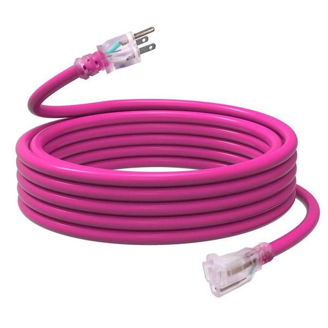 EP 25 Ft Outdoor Extension Cord with Lighted End, 12/3 Gauge SJTW Heavy Duty Extension Cable with 3 Prong Grounded Plug, 15AMP 1875W 12AWG, Pink, UL Listed