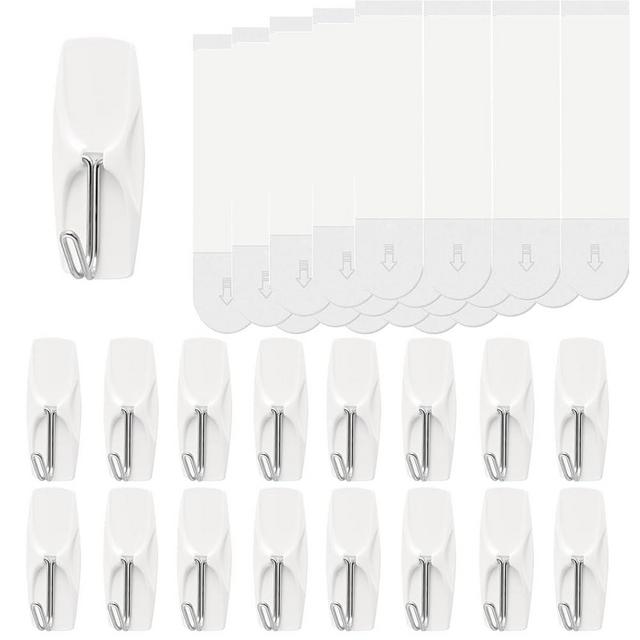 Wire Hooks for Wall Medium 16 Hooks, Heavy Duty Wall Hooks with 16 Strips, Damage Free Adhesive Hooks for Key Holder, Coat, Door, Shower Hanging