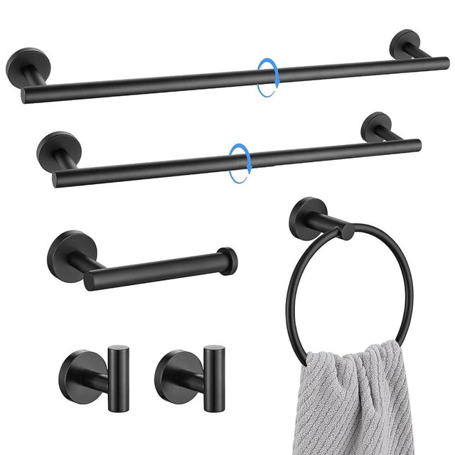 6-Piece Matte Black Towel Bar Set Bathroom Hardware Set Towel Holder Set for Bathroom SUS304 Stainless Steel Bathroom Accessory Set