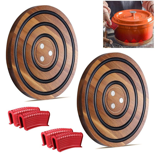 LAIAMER 2 PCS Magnetic Wooden Trivets for Hot Pots and Pans with 4 Silicone Pot Handle Covers, Heat Resistant Acacia Wood Trivet for Dutch Ovens Hot Pots&Pans Cast Iron Skillet, for Mom Grandma