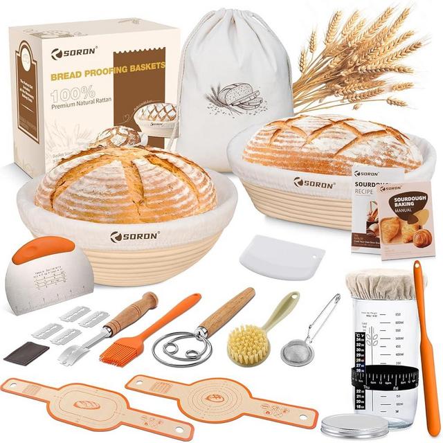 SORON Sourdough Starter Kit, Banneton Bread Proofing Basket with Glass Sour Dough Starter Jar, Sourdough Bread Baking Supplies Tools, 9" Round & 10" Oval Banneton Baskets, Gift Set for Homemade Making