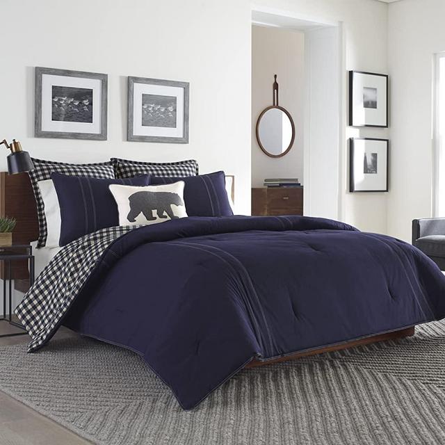 Eddie Bauer Home | Kingston Collection | 100% Cotton Soft and Cozy Premium Quality Duvet Cover with Matching Shams, 3-Piece Bedding Set, Plaid to Solid Reversible, Full, Navy